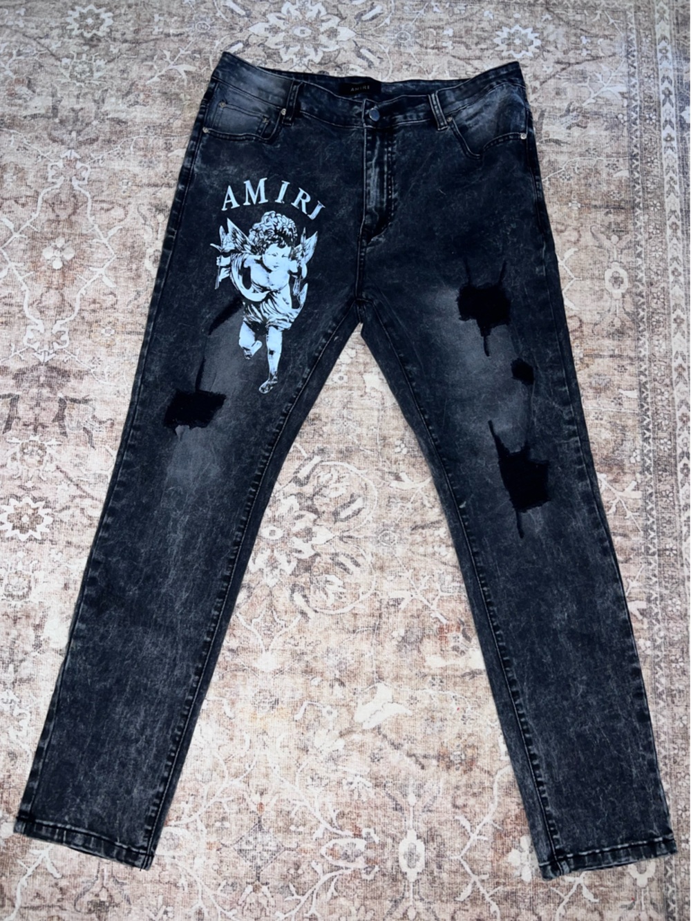AMIRI Cherub Angel Graphic Distressed Denim Jeans Acid Wash Black Size 34